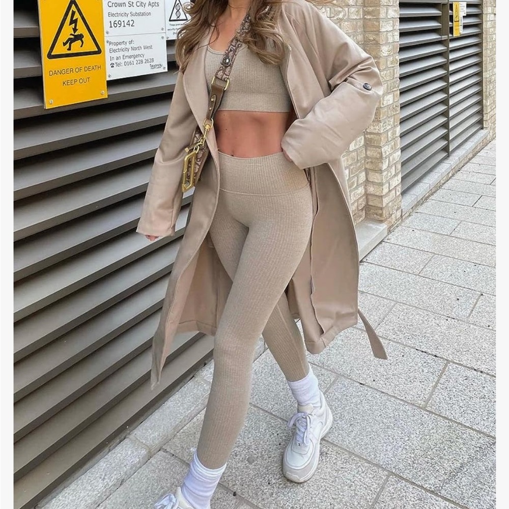 Beige Ribbed Workout Set